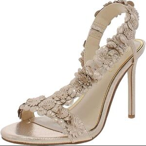 Jessica Simpson Jessin Gold Leather Open Toe Flower Strap High Heel size 8
